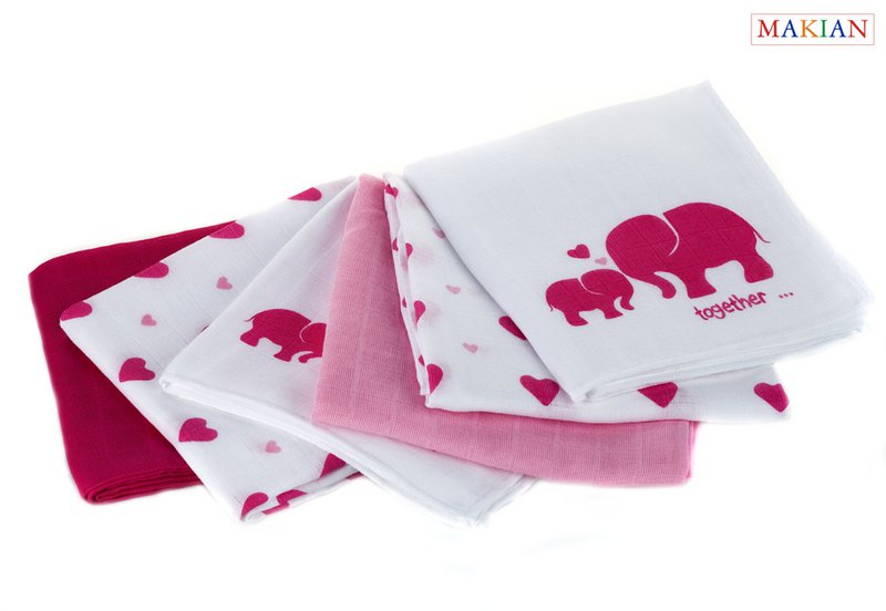 Makian Hydrophilic Diapers-80x80cm - Set of 6 pieces-Oeko-Tex tested-100% Cotton-White/Pink/Elephant