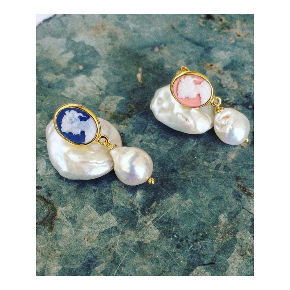 Blue Mini Cameo And Pearl Earrings