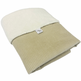 Soft, cozy baby blanket in ecru and white rib knit with teddy bear design, available in multiple sizes for stroller, crib, and bassinet.