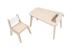 A white wooden table and chair set for kids, featuring a simple, minimalist design with a bird and berry motif.