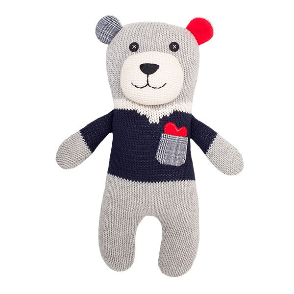 Soft toy bear knitted referee gray / blue
