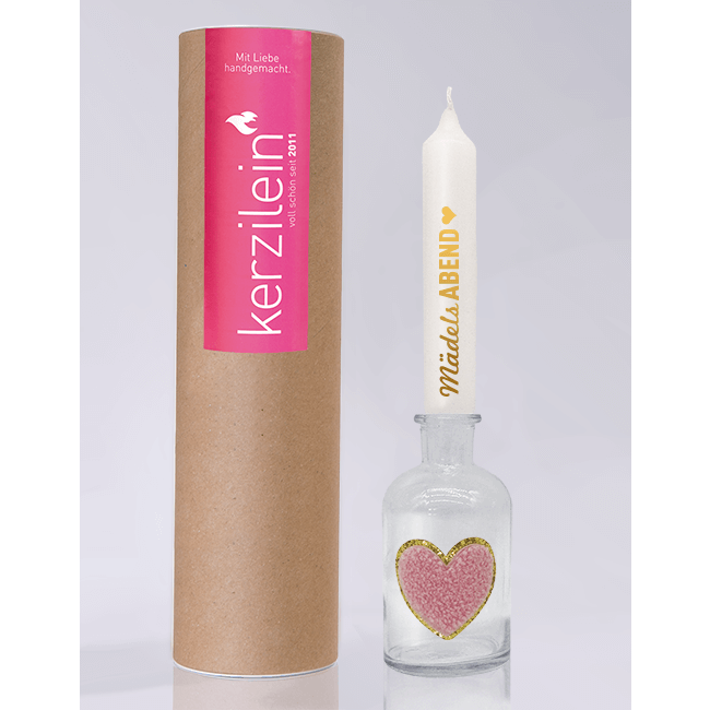 Glass with stick candle and patch heart gold/pink, white/gold "girls' evening"