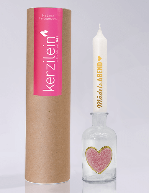 Glass with stick candle and patch heart gold/pink, white/gold "girls' evening"