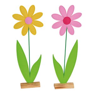Flower on wooden stand made of felt yellow/pink 2-fold, (W/H/D) 24x67x7cm