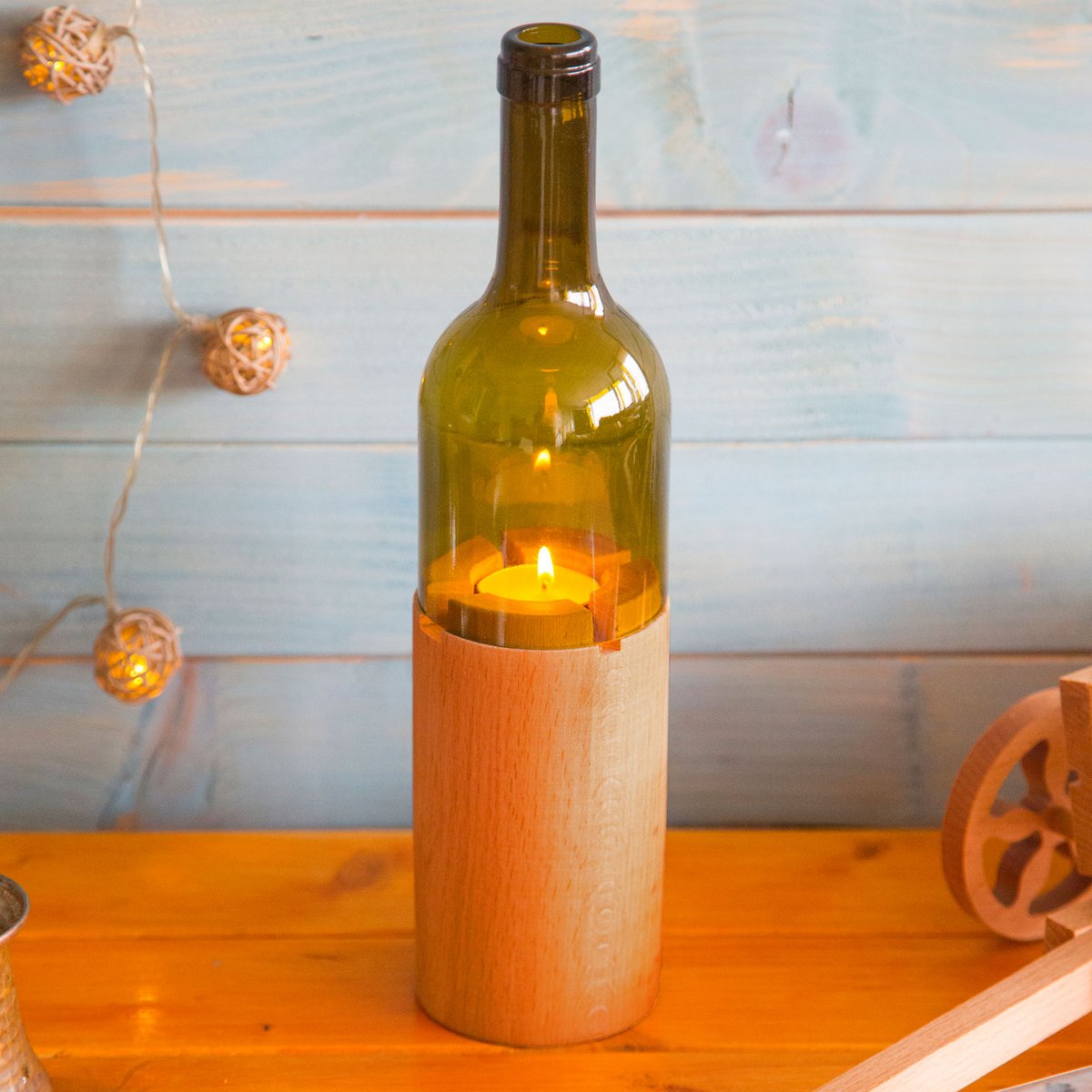 Joy Kitchen bottle candle holder on wooden base - Bottly