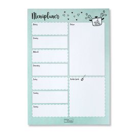 A weekly meal planner with 70 pages for organizing meals and grocery lists. The planner features a mint green background with a floral design and space to write in meal plans, grocery lists, and other notes.
