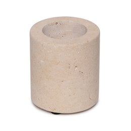 Beige travertine tea light holder, cylindrical shape, measures approximately 6cm in diameter and 7cm in height.
