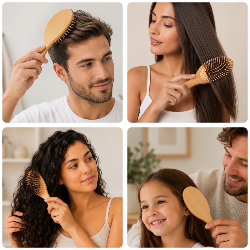 Wooden Hairbrush - Detangling, Anti-Static and Eco-Friendly - 109 Soft Pins on Cushion for Pleasant Brushing with Massaging Effect