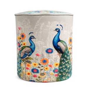 Bedruckter und bestickter Baumwoll-Hocker – Pfauen-Design – 40 x 45 cm