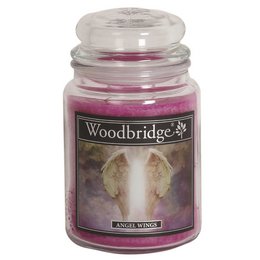  A large, round, tall scented candle in a glass jar with a white lid. The candle is pink in color and has the label "Woodbridge" printed on the glass.