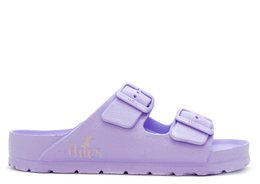  Lavender vegan sandal with EVA material and two adjustable buckle straps.