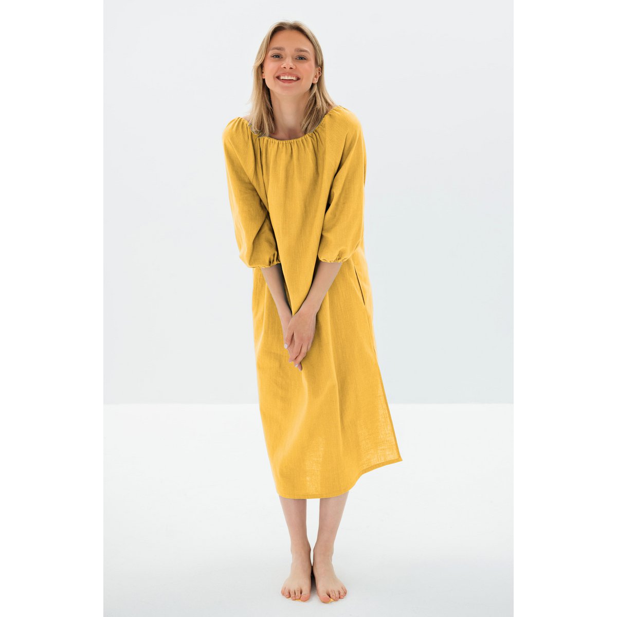 MOON — Vestido midi de lino lavado a la piedra con hombros descubiertos