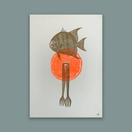  A colorful art print featuring a fish-like creature with a large orange circular background.

The image depicts an artistic rendering of a fish-like creature with a brown, textured body and fins. The fish is set against a vibrant orange circular background, creating a striking visual contrast. The overall style and composition of the artwork suggest a whimsical, surreal, or abstract interpretation of a marine creature.