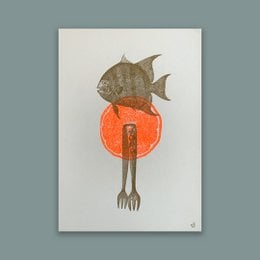 A colorful art print featuring a fish-like creature with a large orange circular background.
The image depicts an artistic rendering of a fish-like creature with a brown, textured body and fins. The fish is set against a vibrant orange circular background, creating a striking visual contrast. The overall style and composition of the artwork suggest a whimsical, surreal, or abstract interpretation of a marine creature.