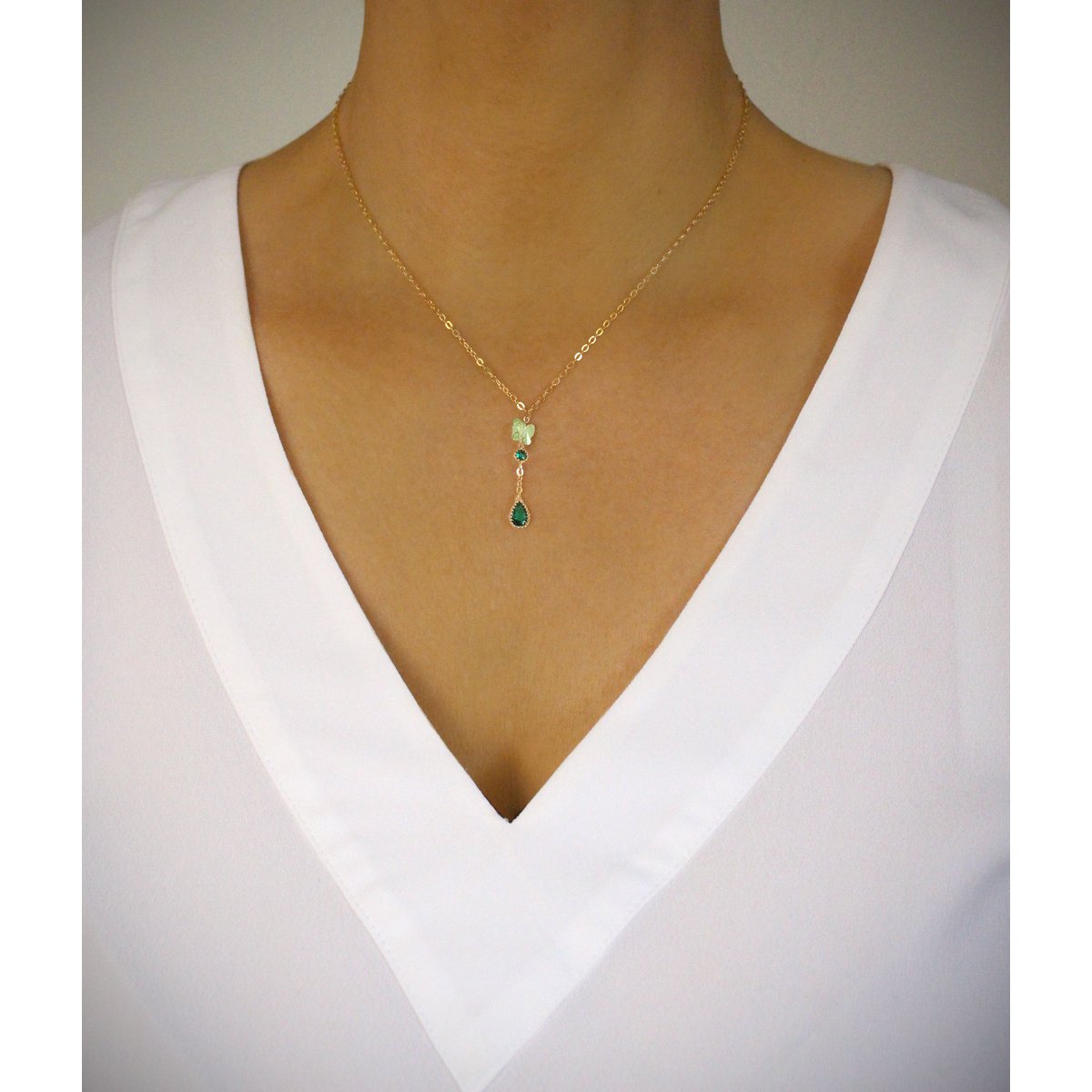 Peridot green crystal butterfly and Emerald drop necklace