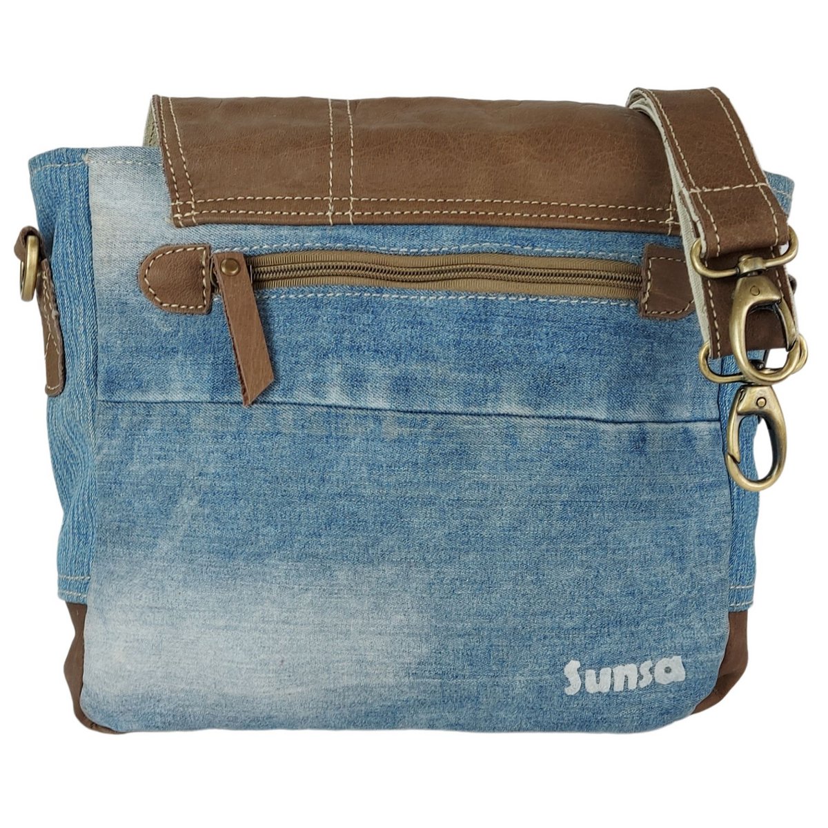 Sunsa damestas. Handtas gemaakt van upcycled jeans en canvas. Schoudertas in messenger-vorm. Schoudertas in vintagestijl. Grote crossbodytas voor dames