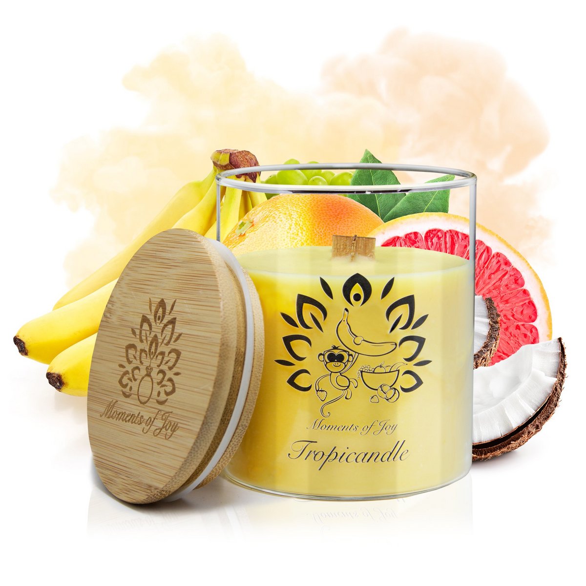 Candela decorativa al profumo di banana fruttata e stoppino di legno scoppiettante: Tropicandle