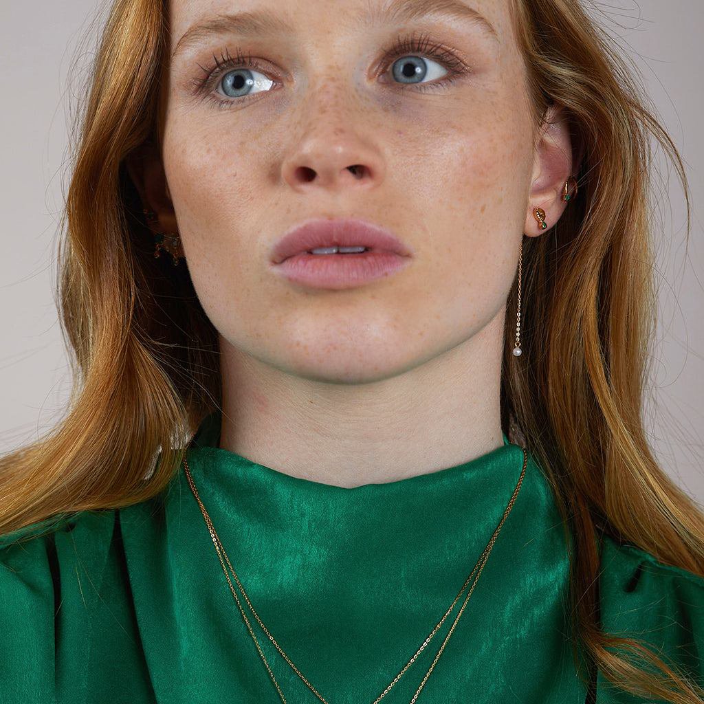 Long green onyx, citrine and pearl earrings