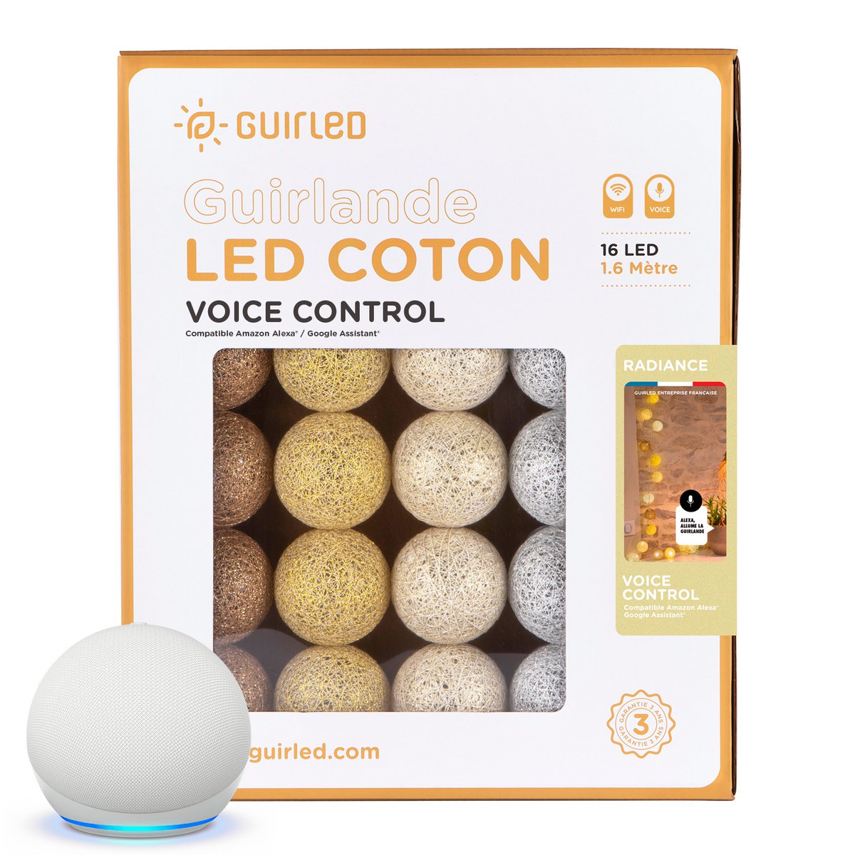 Radiance Commande Vocale Guirlande lumineuse boules coton Google & Alexa
