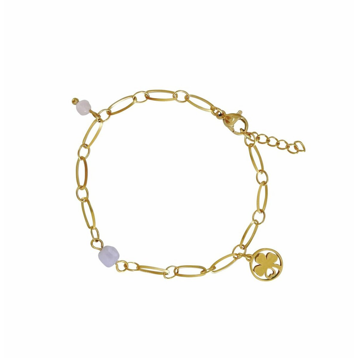 Pulsera de calcedonia, cuarzo rosa y trébol de cuatro hojas - Oro