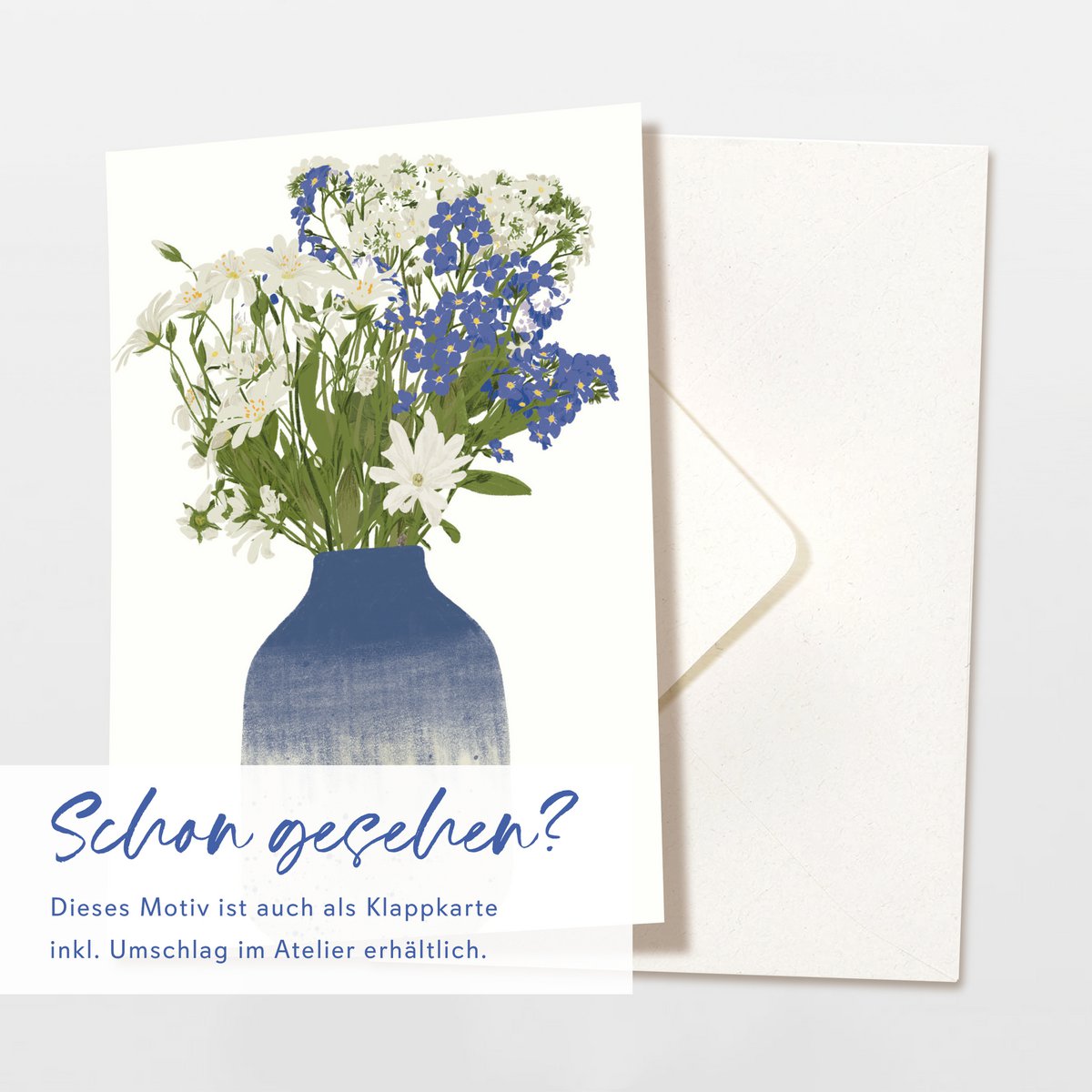 Postcard blue vase with blue and white wildflowers