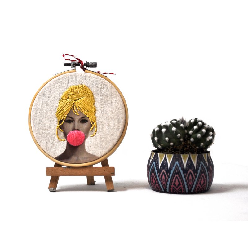 Handmade Embroidery Hoop Wall Art - Bubblegum Celebrities - Textile Wall Art Decoration (10cm)