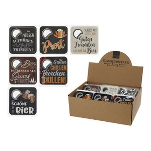 Beer mat with bottle opener with saying, made of colorful metal, 6-fold, (W/H) 8x8cm