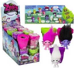 Colorful troll figurines with wild hair in pink, purple, white, lime green. Small collectible toys with unique hairstyles.