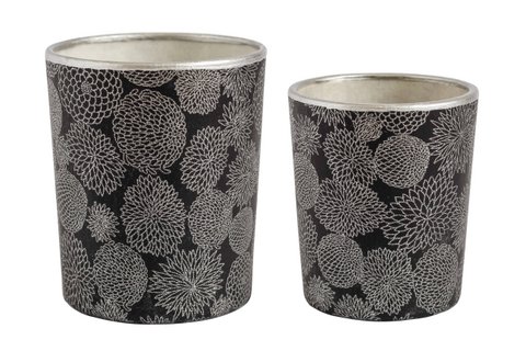 Medium Tealight Holder Made of Glass & Chiyogami Paper | Chrysanthemum / Silver | Hand made