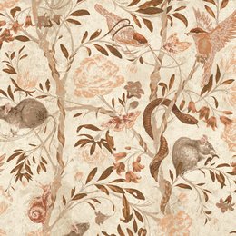 Parchment-colored wallpaper with a nature-inspired pattern featuring leaves, flowers, and squirrels.
