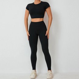 Cross Backless Sporty Set Women 2 Piece Sportswear Short Sleeve Training Suit for Fitness Yoga Wear Female Gym Workout Clothes
