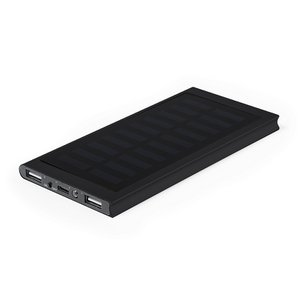 Zwarte externe hulpbatterij met zonne -oplaad en hooglaadcapaciteit -8.000 mAh-. Gemaakt van aluminium, met Type C -ingang/uitgangsconnector en 2 USB -uitgangen.