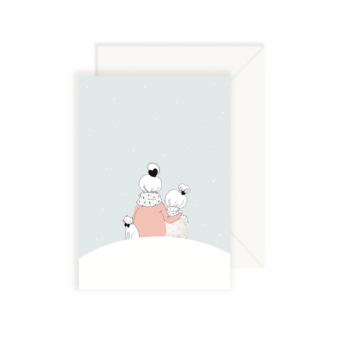 Tarjeta Bajo la Niña de la Nieve - Vista trasera sentada Mamá con abrigo rosa e hija con chaqueta estampada Gato blanco