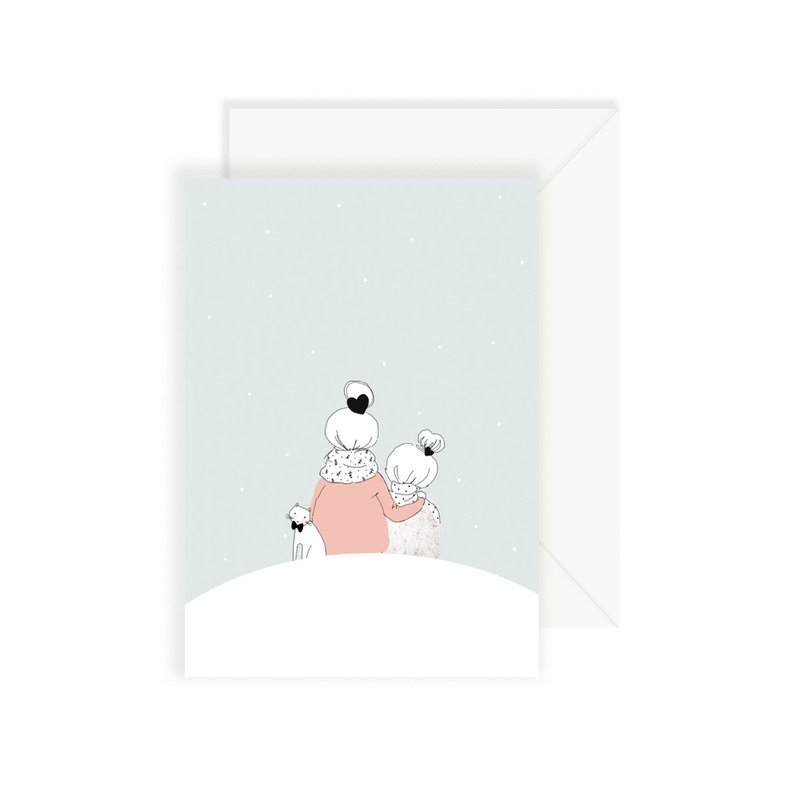 Tarjeta Bajo la Niña de la Nieve - Vista trasera sentada Mamá con abrigo rosa e hija con chaqueta estampada Gato blanco