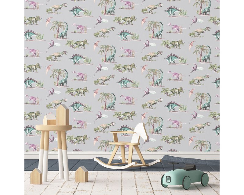 Papel Pintado Infantil Dinosaurios - Color Gris