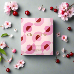  Pink chocolate bar with cherry pattern, organic white chocolate, floral design packaging