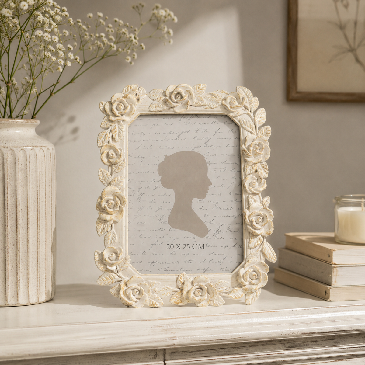White gold resin photo frame with roses 19x24 cm