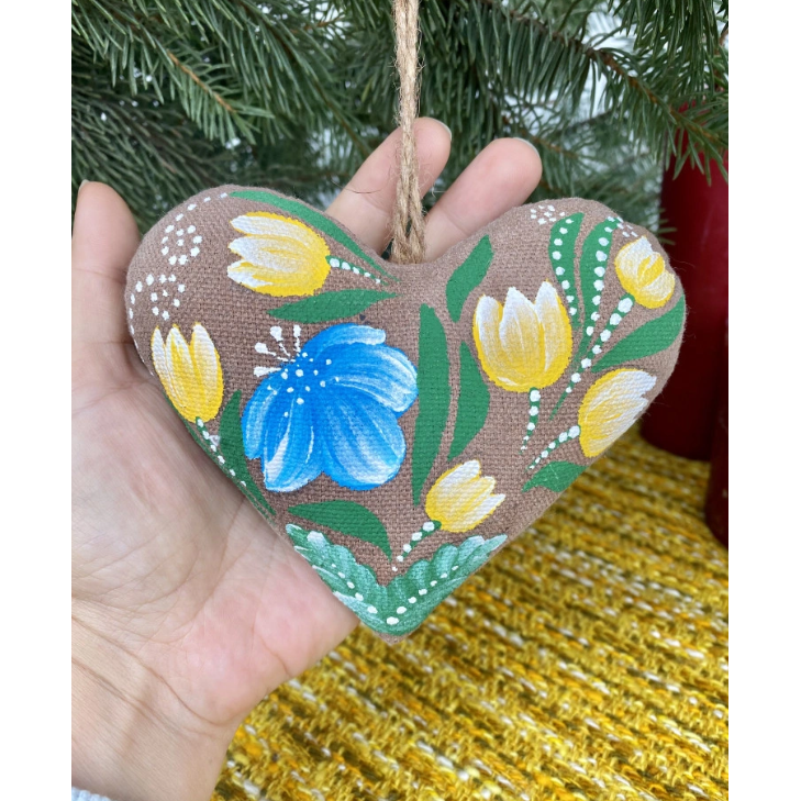 Hand made cocoa scented "Heart with blue and yellow flowers "
