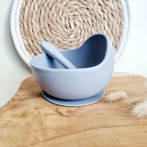 Silicone bowl with suction cup and spoon - Gray Blue