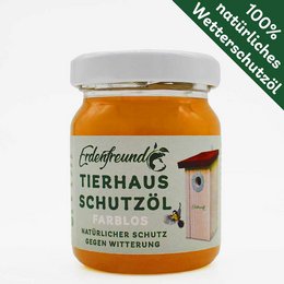 Orange-colored weather protection oil for bird houses, made of natural ingredients to protect against weathering.