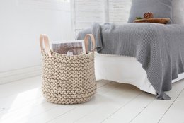Strikkekurv med læderhåndtag - 30cm x 30cm x 30cm - rund