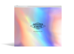 Small hologram pouch in a vibrant rainbow color palette. Made of durable material with a zippered closure for secure storage.