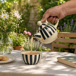 Handgemaakte keramische gestreepte theepot en bekerset – modern groenblauw en wit steengoed voor theeliefhebbers