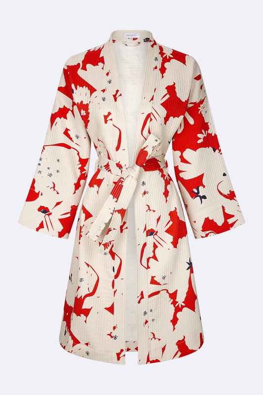 Kimono Sakura - 100% cotone con motivo contemporaneo in rosso sakura e bianco sporco, può essere utilizzato come accappatoio o per la casa ma anche come giacca
