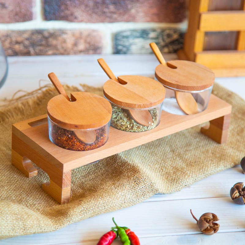 Joy Kitchen spice bowls on wooden stand - set of 3