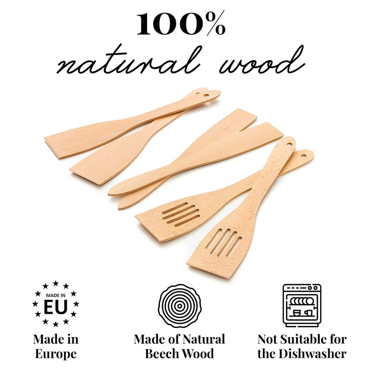 6 Piece Wooden Kitchen Spatula Set - 30cm length