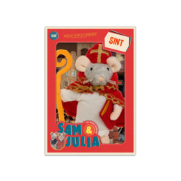 A plush toy mouse dressed in a red robe and hat, holding a golden staff, representing the Dutch Sinterklaas tradition.