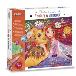 "Colorful and whimsical DIY craft kit to create a 'Diamond Fantasy' design. Includes various materials like gems, glitter, and stickers to decorate the design."