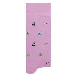 Soft, comfortable socks in a light purple color with small, colorful camera icons printed all over.
