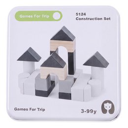 White and gray wooden construction blocks set, geometric shapes, building toy, educational play set.